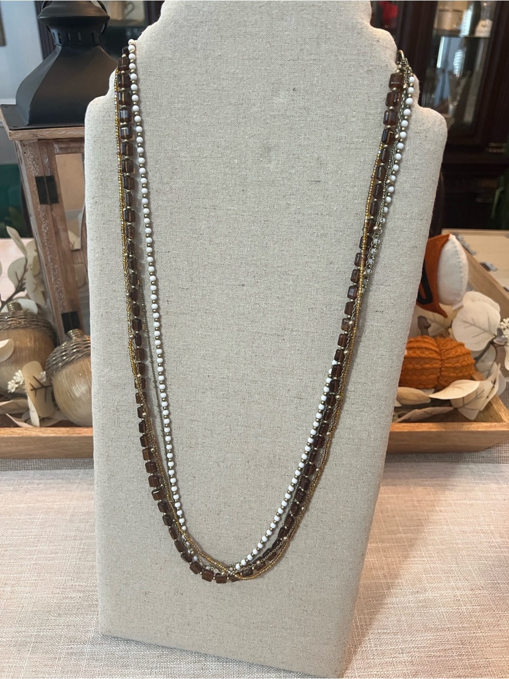 Layered Brown and White Beaded Necklace - Women Jewelry